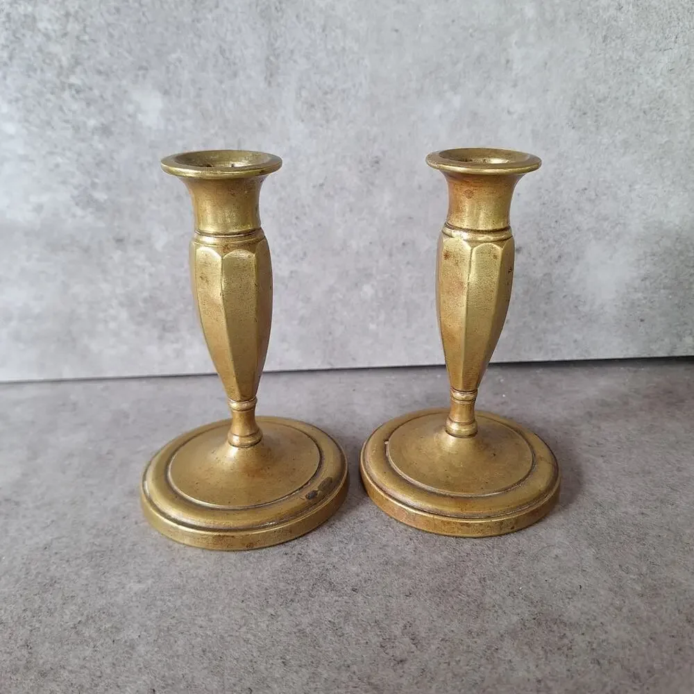 Vintage set of 2 solid brass skinny candle stick holders rustic farm house decor